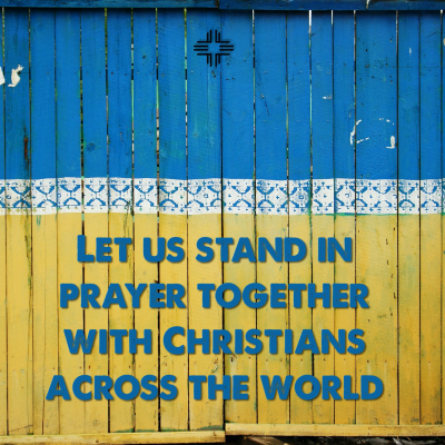 Let us stand in prayer, on a blue and yellow background